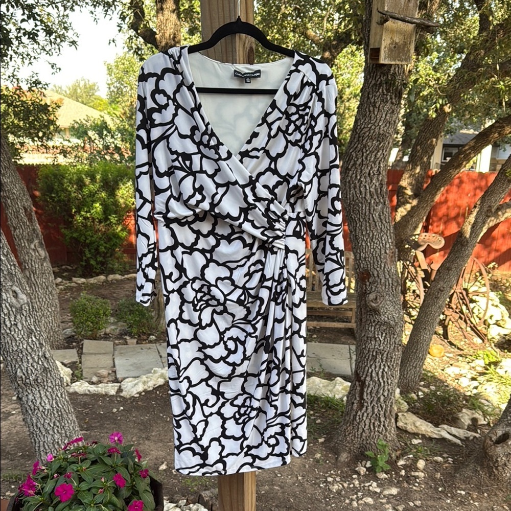 Elegant Black and White Floral Wrap Dress